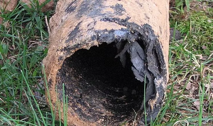 Damaged pitch-fibre drain pipework identified during a repair