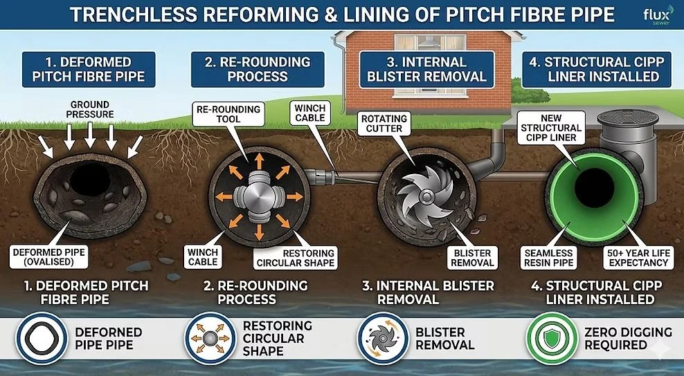 Diagram showing the trenchless reforming and lining process for pitch fibre pipe repair